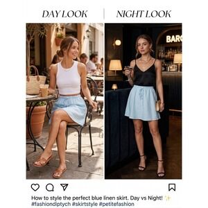 Midnight Sky Light Blue Linen Blend Drawstring Mini Skirt XS RN116696